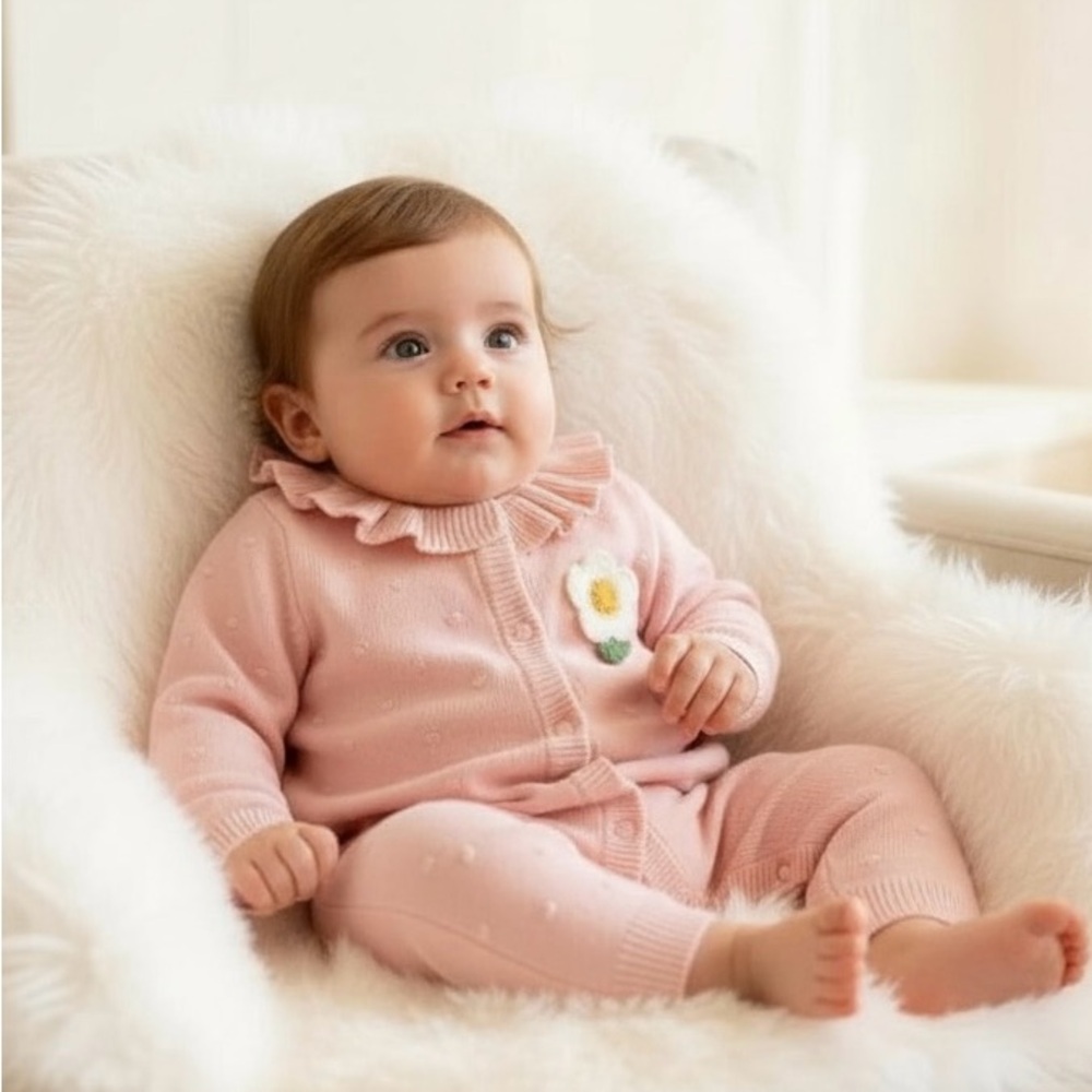 Pink Ruffle Knit Baby Romper – Soft & High Quality (3–6M)